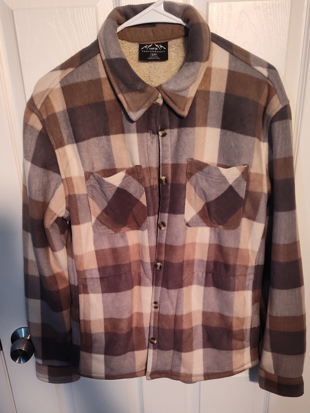Cozy Plaid Sherpa-Lined Button Cardigan - Brown/Cream